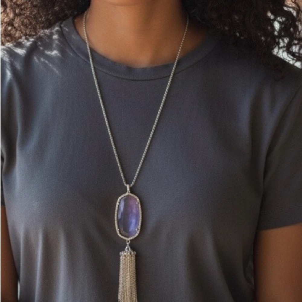Kendra Scott Rayne Gold Necklace with Irresent Pendant and gold necklace fringe